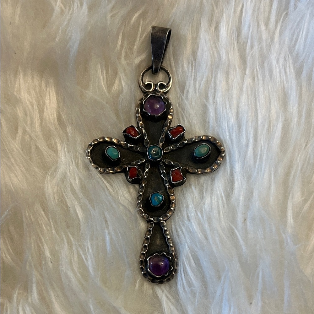 Vintage 925 Sterling Silver, turquoise, coral, amethyst cross pendant unisex